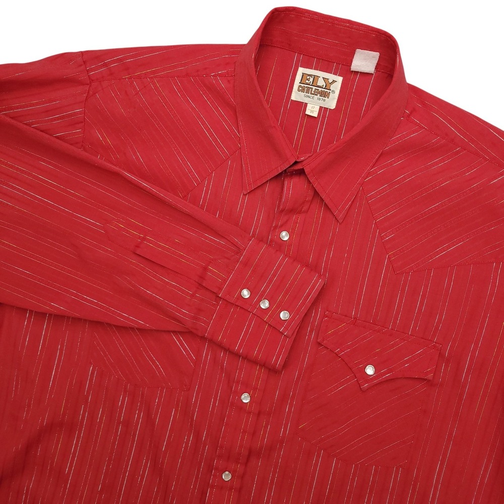Ely Cattleman Shirt Mens XL Red Stripe Western Long Sleeve‎ Pearl Snap Cowboy